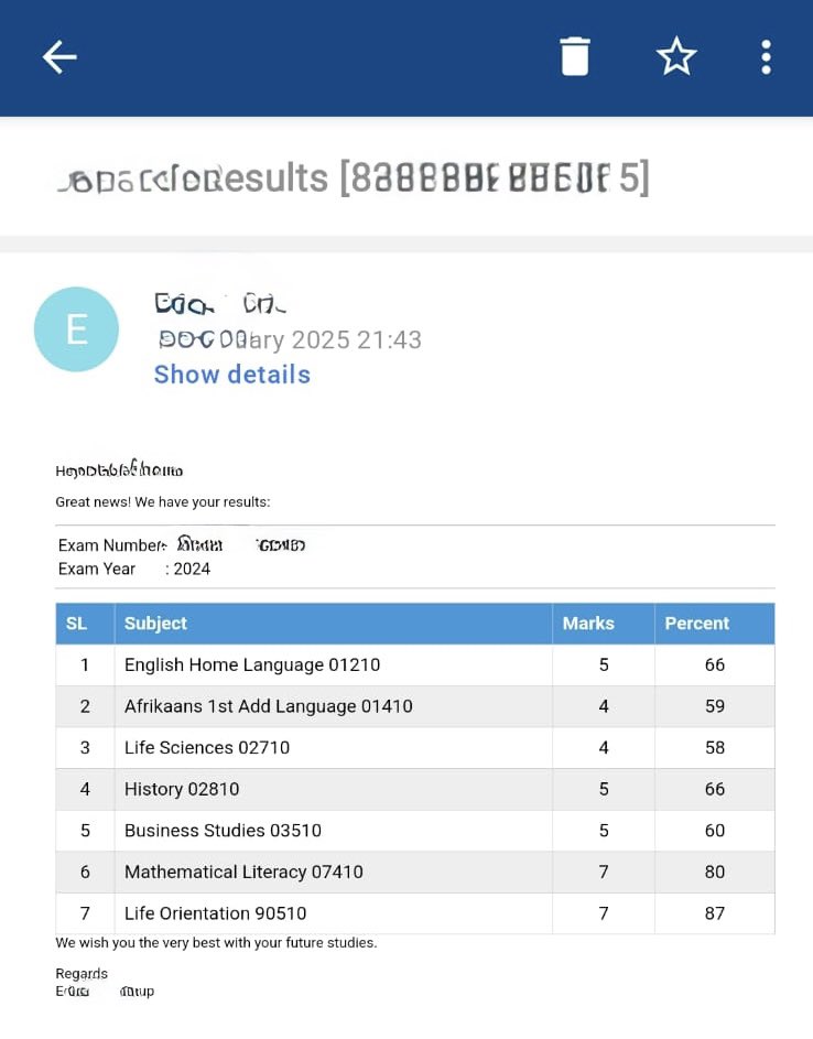 Yusuf Abramjee (@abramjee) on Twitter photo Here is one of many students who were able to get their results today via email- days before the official release.
• Website, students details concealed.
<a href="/DBE_SA/">Dep. Basic Education</a> <a href="/Siviwe_G/">Siviwe Gwarube</a> <a href="/GovernmentZA/">South African Government</a> <a href="/DBE_SA/">Dep. Basic Education</a> Here is one of many students who were able to get their results today via email- days before the official release.
• Website, students details concealed.
<a href="/DBE_SA/">Dep. Basic Education</a> <a href="/Siviwe_G/">Siviwe Gwarube</a> <a href="/GovernmentZA/">South African Government</a> <a href="/DBE_SA/">Dep. Basic Education</a>