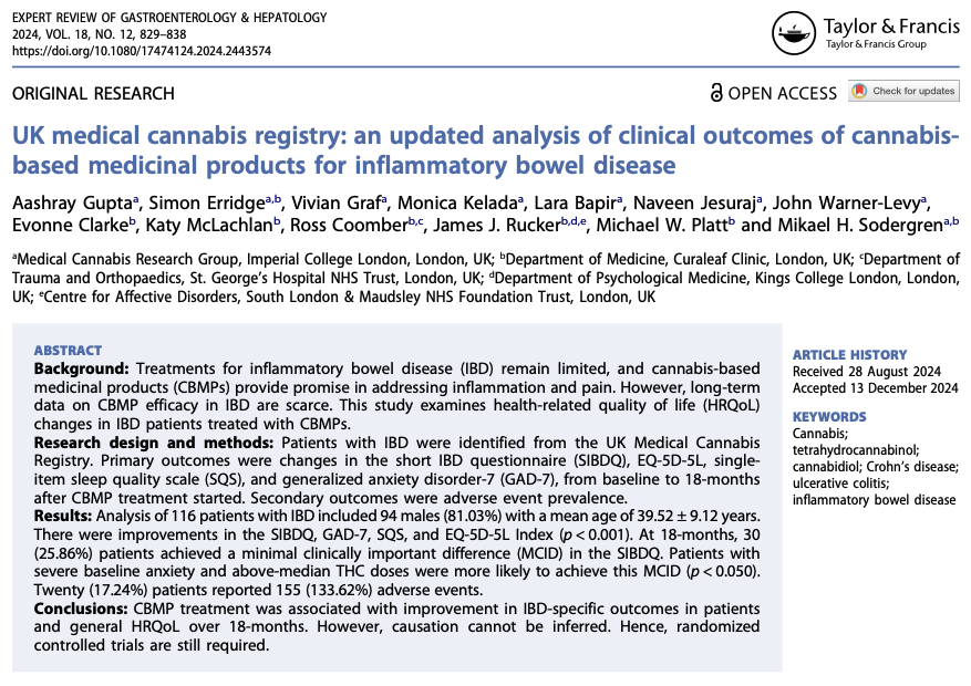 💥First publication of 2025💥 

👉An updated analysis of clinical outcomes of cannabis-based medicinal products for Inflammatory Bowel Disease in 116 pts
📈interesting association with treatment outcome and pre-morbid anxiety 

tandfonline.com/doi/full/10.10…
