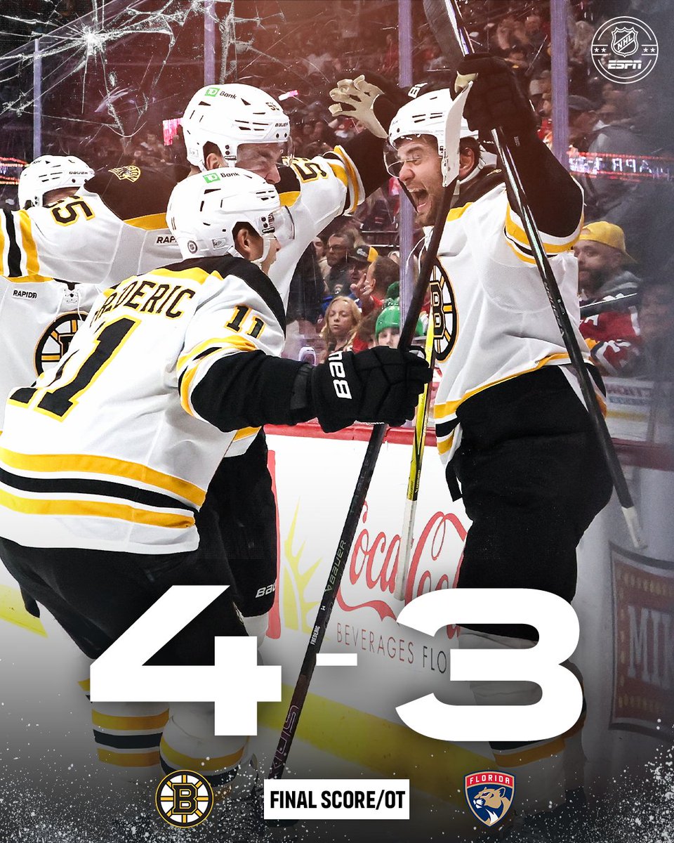 espn's tweet photo. ABSOLUTE CHAOS 😱

THE PANTHERS TIED IT WITH 3 SECONDS LEFT, THEN THE BRUINS WON IT IN OVERTIME WITH 2 SECONDS TO SPARE 🥶 https://t.co/j6OJoJmWGl