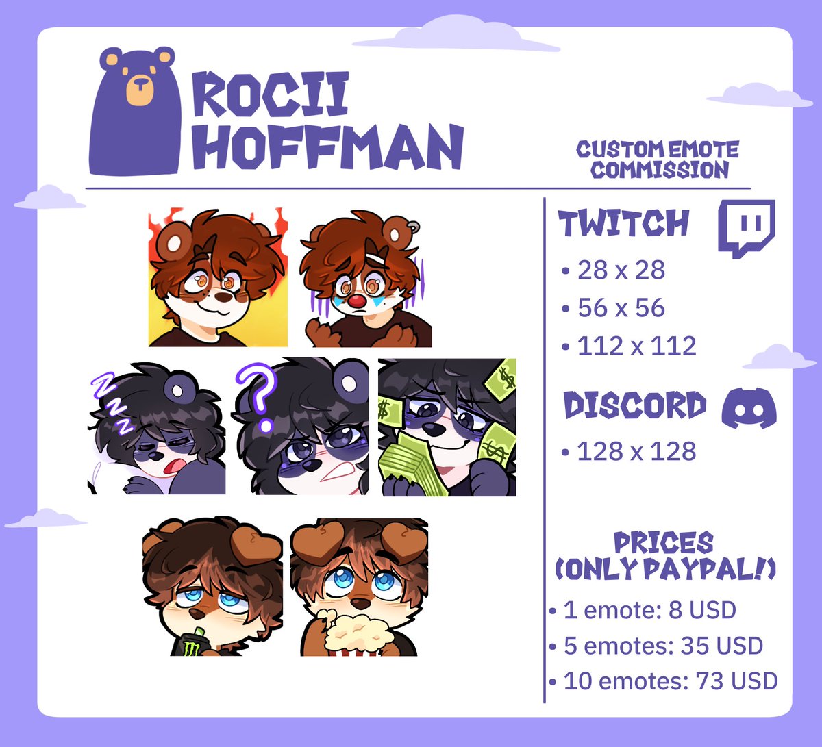 Emotes commission available!

Please, if you are interested you can send a DM or comment on this post👾✨️

These emotes work for twitch and discord! I do both furry and human