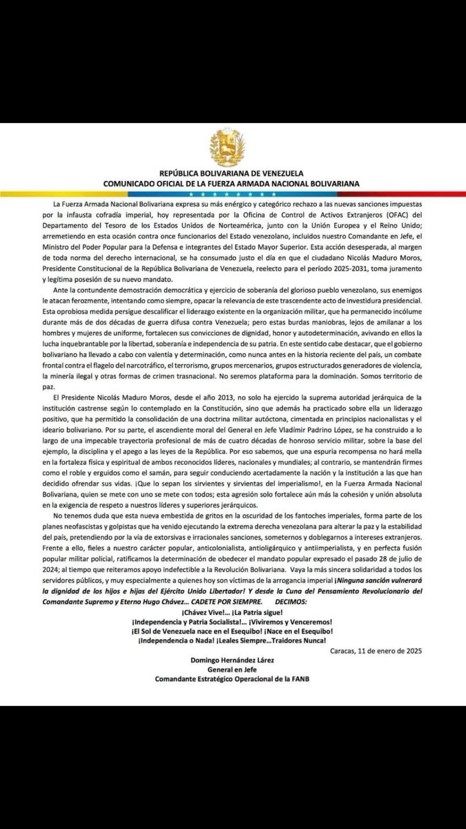 #11Ene || 📄Comunicado Oficial de la #FANB por parte del ciudadano GJ Domingo Antonio Hernández Larez en rechazo a las nuevas sanciones impuestas por la infausta cobardía imperial representada por el Departamento del Tesoro de EE.UU. junto con la Unión Europea y el Reino Unido.