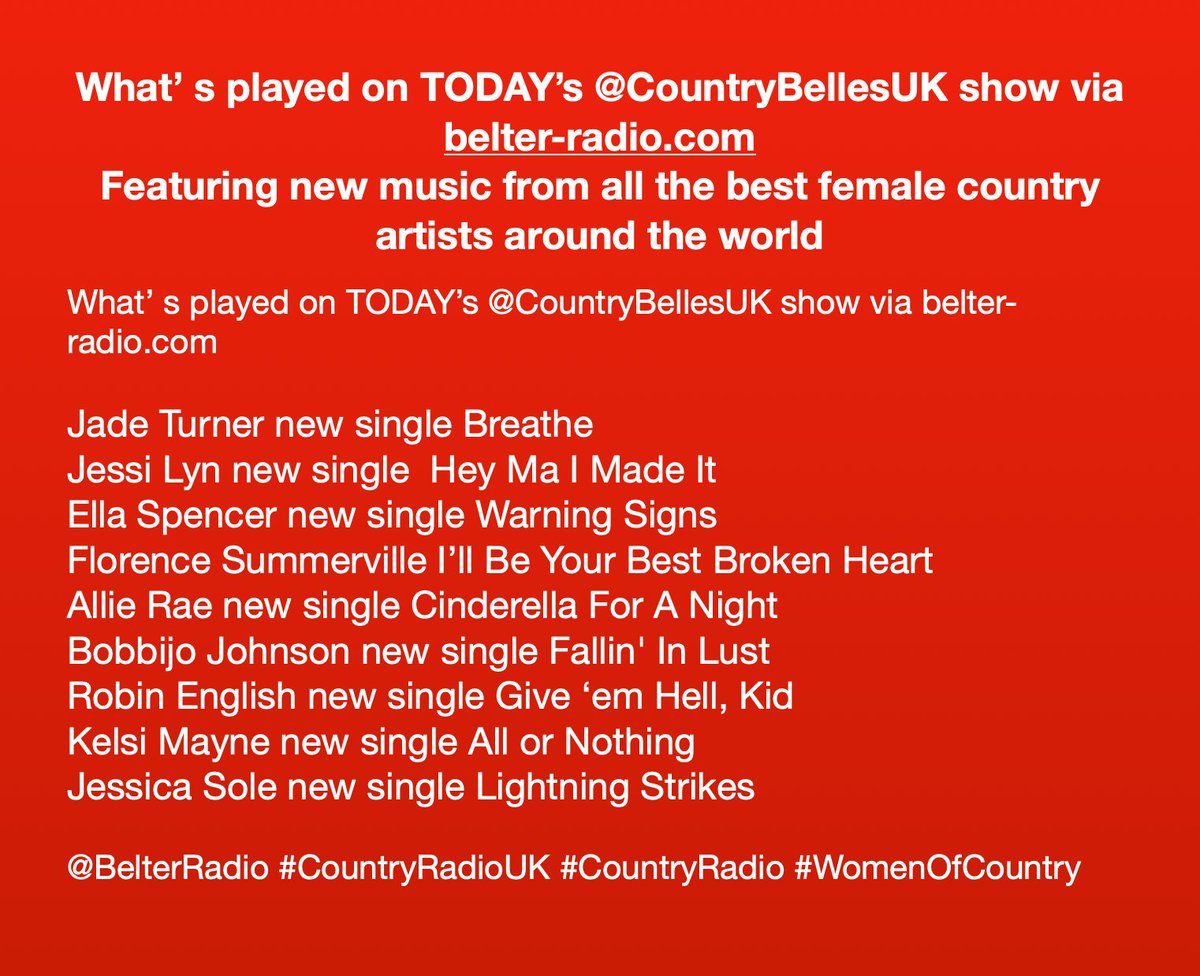 Scott Kash (@scottkash88) on Twitter photo <a href="/CountryBellesUK/">Graham Barnes</a> <a href="/annavaus/">Anna Vaus</a> What’ s played on TODAY’s <a href="/CountryBellesUK/">Graham Barnes</a> show via belter-radio.com
Featuring new music from the best female artists
@_Jade_Turner <a href="/JessiLynmusic/">jessi</a> <a href="/ellamspencer/">Ella Spencer</a> #FlorenceSummerville #AllieRaeMusic #BobbijoJohnsonMusic #RobinEnglish <a href="/KelsiMayne/">Kelsi Mayne</a> <a href="/jessicasole_/">Jessica Sole</a>
<a href="/BelterRadio/">Belter Radio</a> <a href="/CountryBellesUK/">Graham Barnes</a> <a href="/annavaus/">Anna Vaus</a> What’ s played on TODAY’s <a href="/CountryBellesUK/">Graham Barnes</a> show via belter-radio.com
Featuring new music from the best female artists
@_Jade_Turner <a href="/JessiLynmusic/">jessi</a> <a href="/ellamspencer/">Ella Spencer</a> #FlorenceSummerville #AllieRaeMusic #BobbijoJohnsonMusic #RobinEnglish <a href="/KelsiMayne/">Kelsi Mayne</a> <a href="/jessicasole_/">Jessica Sole</a>
<a href="/BelterRadio/">Belter Radio</a>