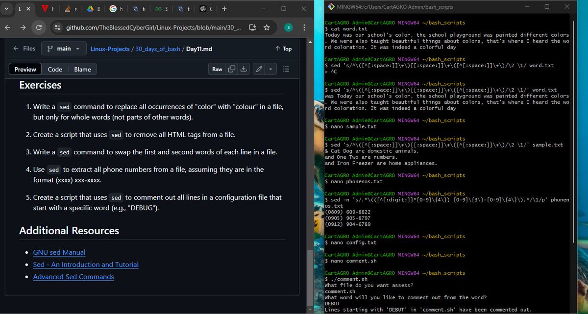 Ade_leyee's tweet image. Day 91
#100DaysOfCyberSecurity 
@jay_hunts @segoslavia @akintunero @OnijeC 
I completed the tasks for Day 11 of #30DaysOfBashScripting. I had to read some documentation to enhance my understanding of how to use sed effectively.
Below are some of my scripts.