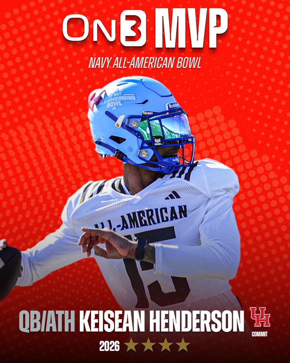 Rivals's tweet photo. Elite 2026 Houston QB/ATH commit Keisean Henderson is the On3 MVP for the Navy All-American Bowl week⭐️

@AABonNBC 

More from @CharlesPower: https://t.co/dyXQzlORUf https://t.co/WQpDj0ljc5