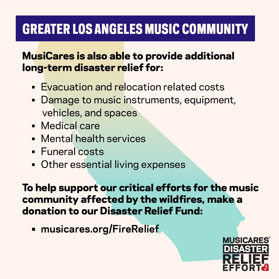 We’re here for the Greater Los Angeles music community ❤️ All eligible music industry professionals impacted by the fires are encouraged to contact <a href="/MusiCares/">MusiCares</a> for help. This extends across all genres and professions - creatives, live crew, managers, agents, makeup artists,