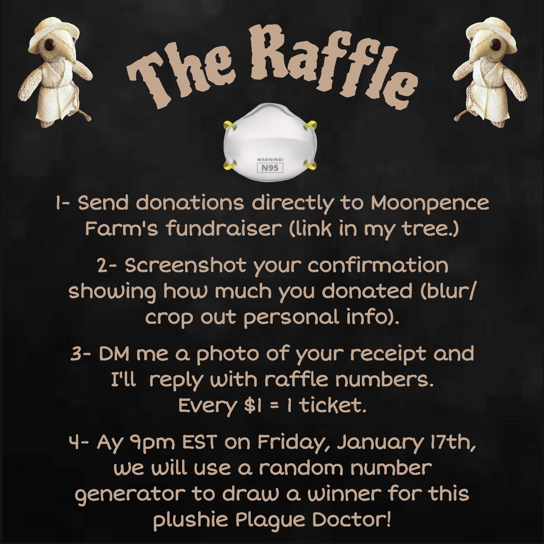 I’m SO excited to announce this raffle of one of my plushie Plague Doctors, fundraising to help a coalition of 5 mask blocs pay for 28,000 3M Auras that they’re distributing for free in their communities!
Here’s the link to donate!

opencollective.com/charlotte-mask…