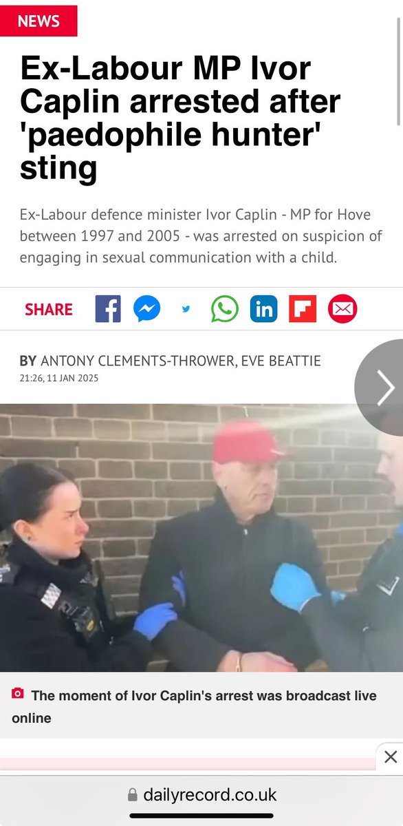 🇬🇧 Royaume-Uni : Ivor Caplin, ex-président du Jewish Labour Movement et ancien ministre travailliste, arrêté pour avoir tenté de rencontrer un garçon de 15 ans lors d’une opération menée par des chasseurs de pédophiles sur Facebook.