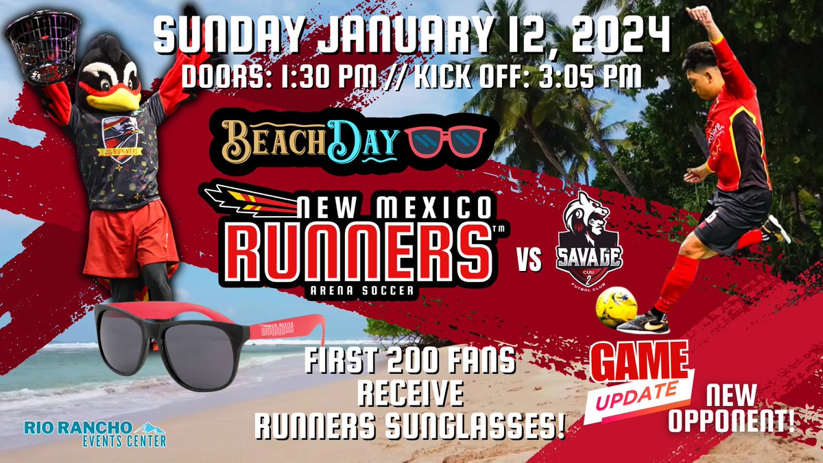 📣GAME UPDATE: New Opponent Scheduled for January 12th Home Game at the <a href="/rreventscenter/">Rio Rancho Events Center</a>

New Mexico Runners Set for Thrilling Second Home Game of Season 6 Against Chihuahua Savage 2

READ MORE:
newmexicorunners.com/news/jan-12th-…

<a href="/masl2soccer/">MASL 2</a>
#nmrunners #RunAsOne #NMRvsCUU #nmsoccer #masl2