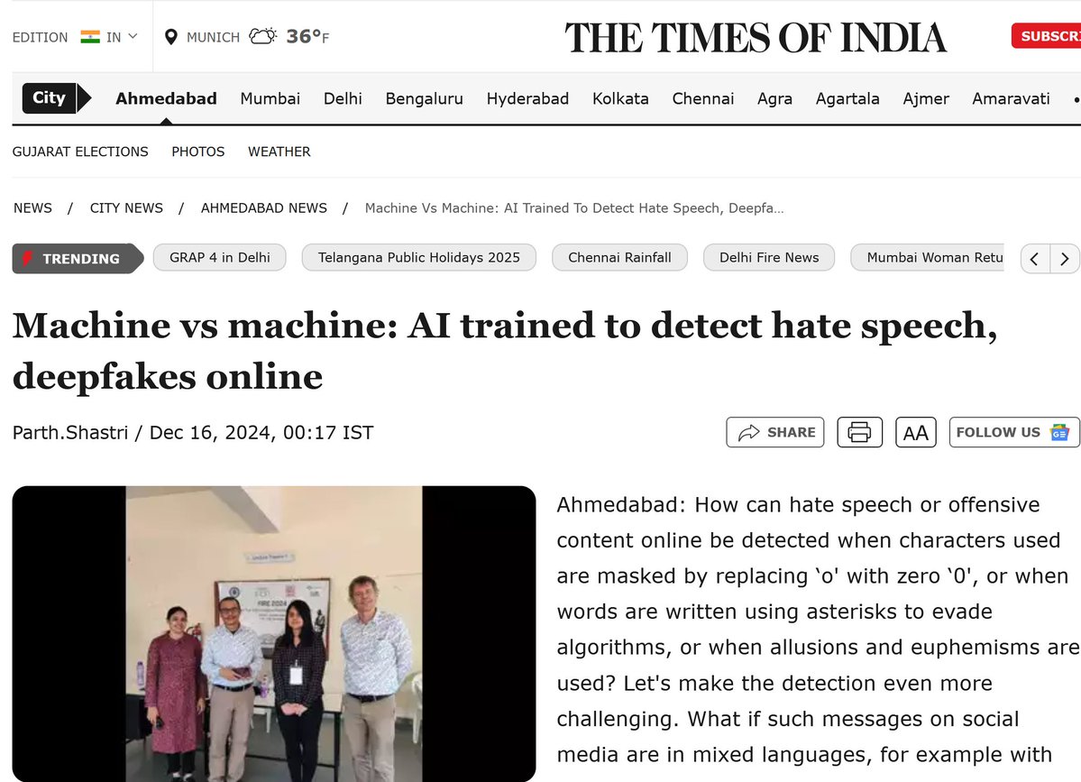 Thomas Mandl (@thmandl) on Twitter photo Proud that our long-term research on language resources for languages of India was featured in the <a href="/timesofindia/">The Times Of India</a>: timesofindia.indiatimes.com/city/ahmedabad…
Thanks to all involved in the creation of many shared tasks.
Thanks @daiictofficial <a href="/fire_forum/">FIRE</a>
#UniHildesheim #LLMs #HateSpeech #AI Proud that our long-term research on language resources for languages of India was featured in the <a href="/timesofindia/">The Times Of India</a>: timesofindia.indiatimes.com/city/ahmedabad…
Thanks to all involved in the creation of many shared tasks.
Thanks @daiictofficial <a href="/fire_forum/">FIRE</a>
#UniHildesheim #LLMs #HateSpeech #AI