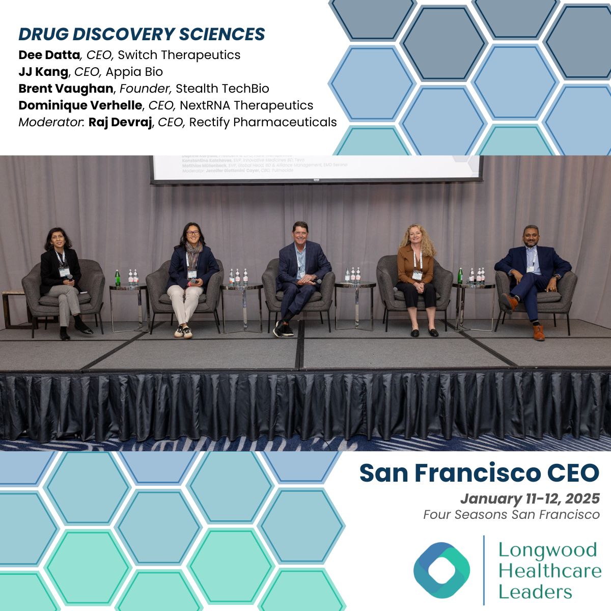 LongwoodLeaders's tweet image. Insightful conversation on #drugdiscovery sciences with biotech CEOs Dee Datta Switch Therapeutics, Brent Vaughan, JJ Kang Appia Bio, Dominique Verhelle NextRNA Therapeutics, @r_devraj @RectifyPharma #longwoodhealthcareleaders #JPM25