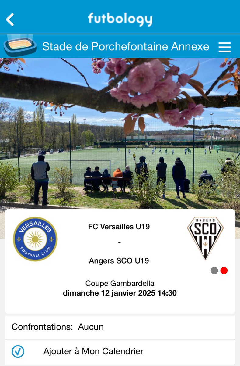 Jour de match ! 
Nos U19 vont affronter le <a href="/AngersSCO/">Angers SCO</a> en 32e de Finale de Coupe Gambardela à Porchefontaine à 14h30.

Pour les utilisateurs de <a href="/FutbologyApp/">Futbology</a> les U19 du FC Versailles et la Gambardela on été ajouté sur l’appli !