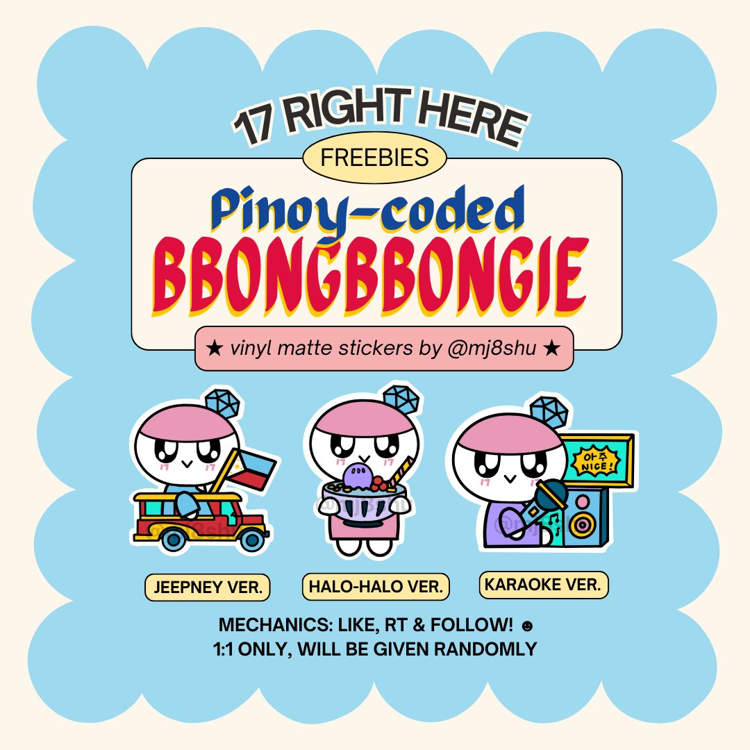 svt right here in bulacan freebies/fan support!

made pinoy-coded/local bbongbbongie stickers inpsired by the jpn ones &amp; <a href="/mochihochihae/">dee</a>'s idea 🇵🇭
★ like, rt, follow!
★ to be given randomly on both days
★ 1:1 only, can't choose which one you'll get!

#SVT_RIGHT_HERE_IN_BULACAN