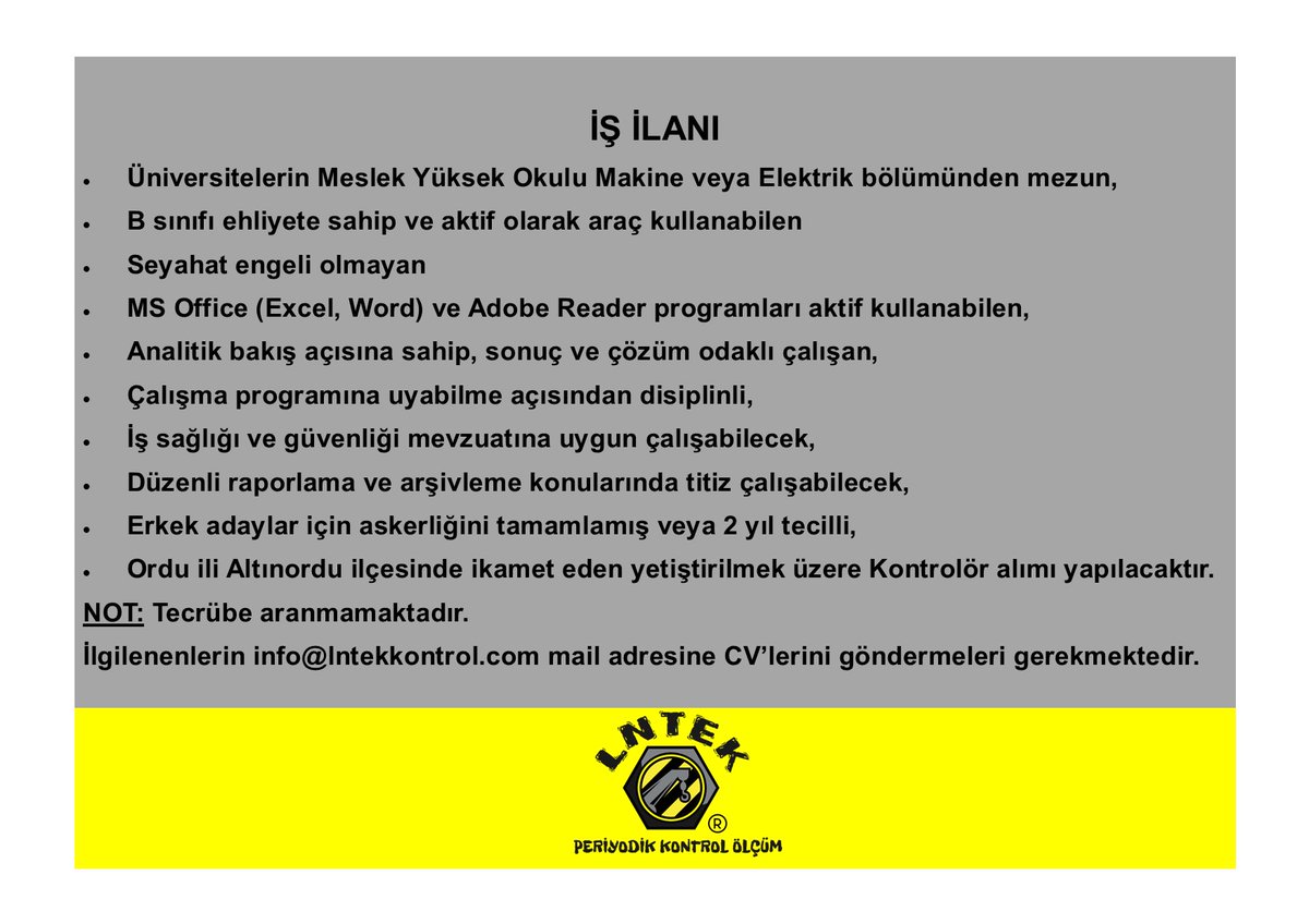 lntekkontrol's tweet photo. https://t.co/6fTEVo2rbN #işilanı #periyodikkontrol #periyodikmuayene #topraklamaölçümü #i̇çtesisatkontrol #işekipmanı #ordu #altınordu https://t.co/SINM8mH0hH