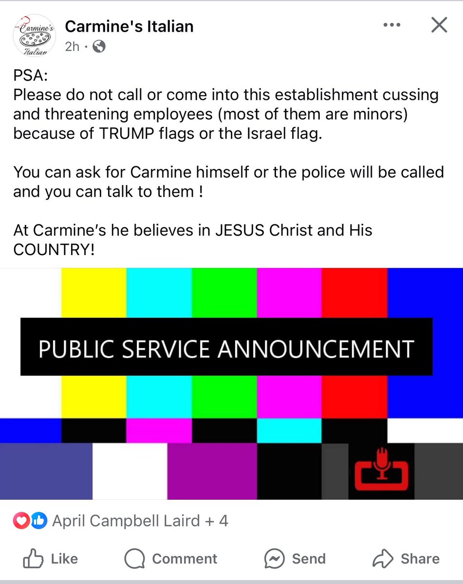 Aprillovestexas's tweet photo. Hello Conservative Friends!!! Liberals are targeting a restaurant in Kerrville called “Carmines” for flying Trump flags and displaying Trump &amp; Patriot flags. Let’s give him a boost please!! The Best pizza!!
1170 Sidney Baker - right at Bandera Hwy in Kerrville, Texas! https://t.co/GxlienBqGF