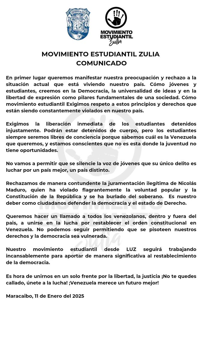 JuanPGuanipa's tweet image. Aplaudo que representantes del movimiento estudiantil venezolano desconozcan la payasada de ayer. 

La autojuramentacion de Maduro es ilegítima y todos los venezolanos lo saben. 

Solo con democracia podremos construir el país pujante que nuestros jóvenes merecen. 

¡Viva