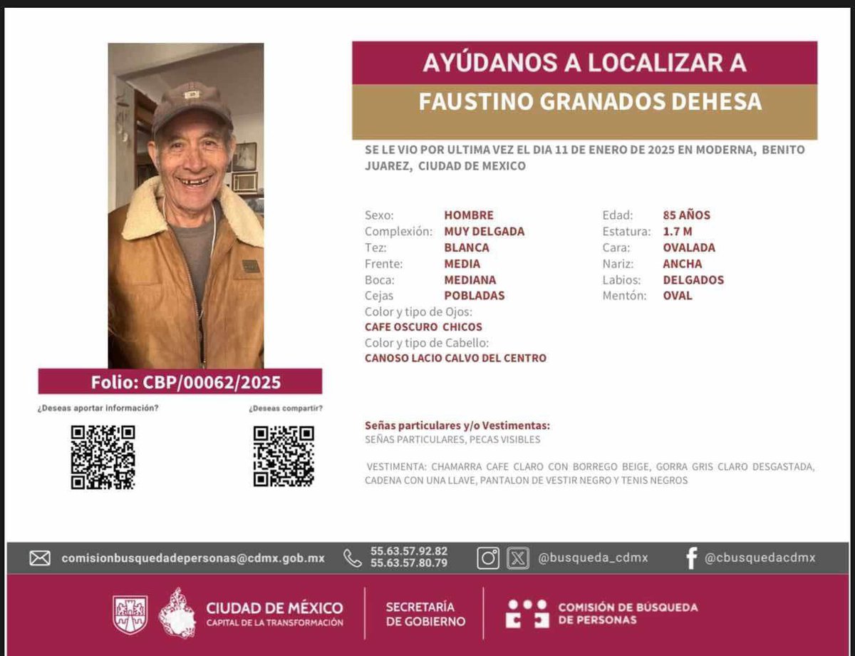 Se activa #AlertaPlateada para localizar a Don Faustino.
¿Lo has visto? Por favor abre la foto y, si puedes, compártela. Gracias.
#BenitoJuarez #CiudadDeMéxico