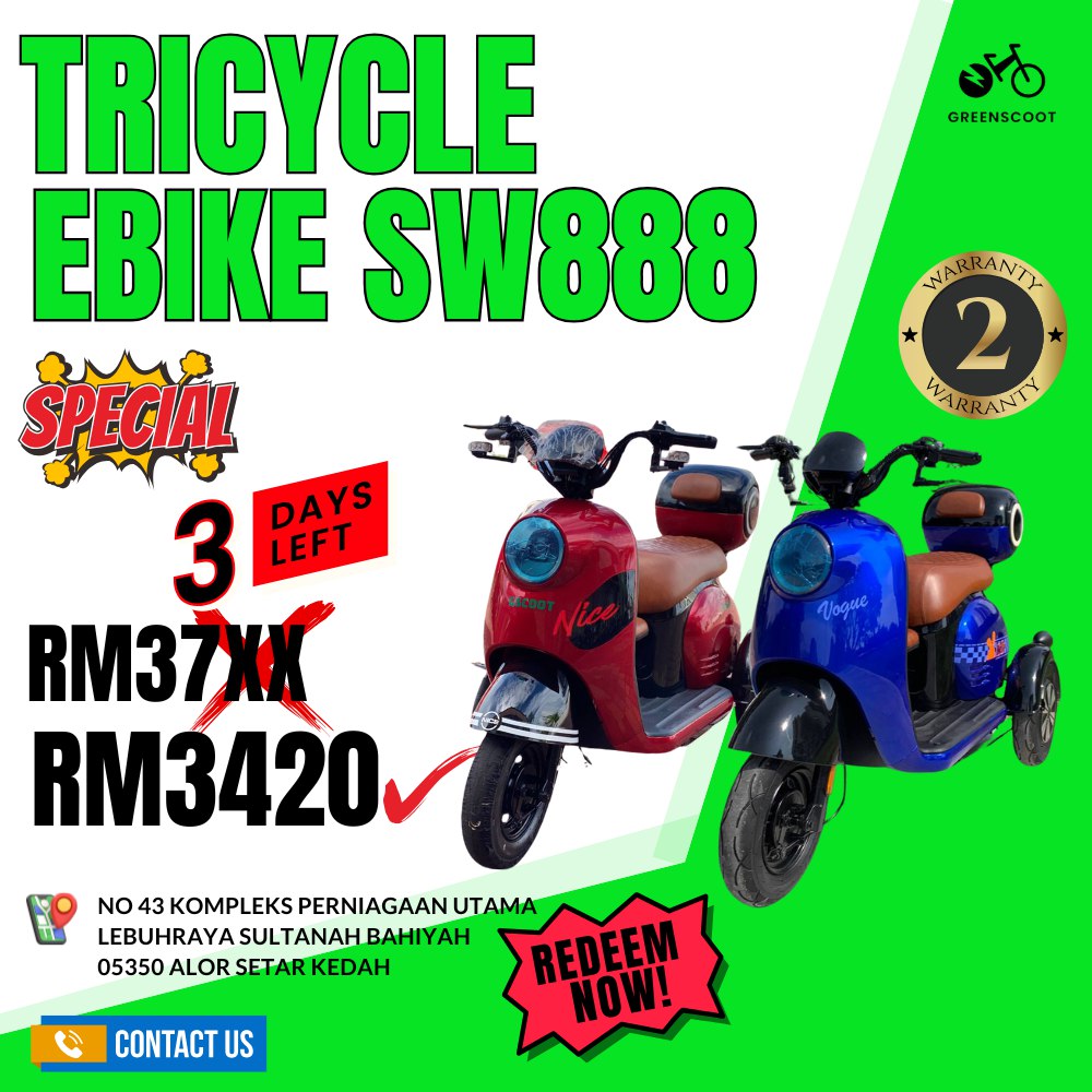 Greenscoot89's tweet photo. Greenscoot Trike Ebike SW888: RM35XX (was RM37XX)! 2-year warranty. See it at No 43 Kompleks Perniagaan Utama, Alor Setar. Details: https://t.co/Hdv3Q3tgFL. #Greenscoot #EbikeSale https://t.co/9UxW9y0g56