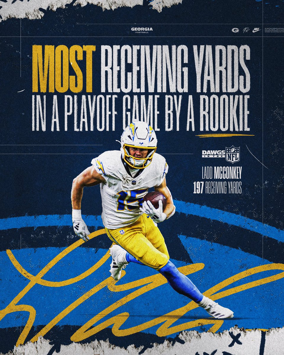 GeorgiaFootball's tweet photo. FLASHING on the highest stage ⚡️⚡️⚡️

Ladd McConkey's 197 receiving yards are the MOST by a rookie in NFL Playoff History!

#GoDawgs | #DawgsInTheNFL https://t.co/ceV2kA6PVT