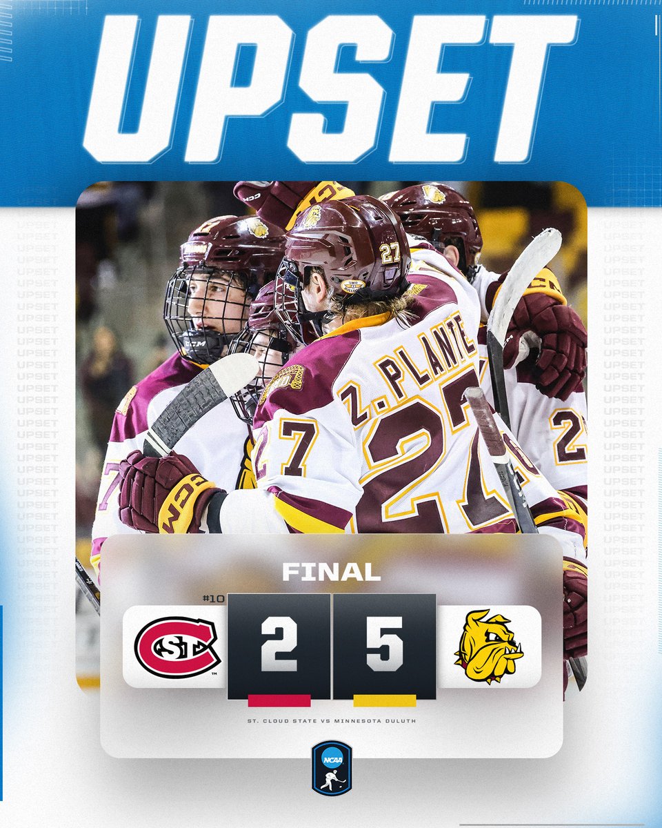 NCAAIceHockey's tweet photo. UPSET SWEEP!! 🚨

@UMDMensHockey completes the sweep of No. 10 St. Cloud State

#NCAAHockey https://t.co/hWuAdQRjQN