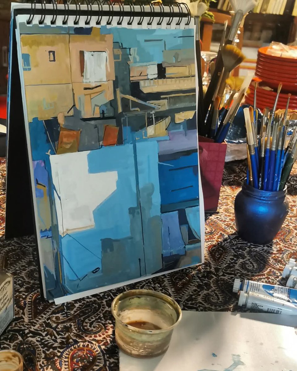 maralmcmoon's tweet photo. Brush strokes dance on a silent page when visualization takes form.
Colors bloom, a childhood dream to share
In hues and shades, a story flows,
An artful journey, as it grows. 🎨 
#workinprogress #painting #roofscape #cityscape #cityscapepainting #blue#pink#yellowochre #facades https://t.co/dWBHogiVP4