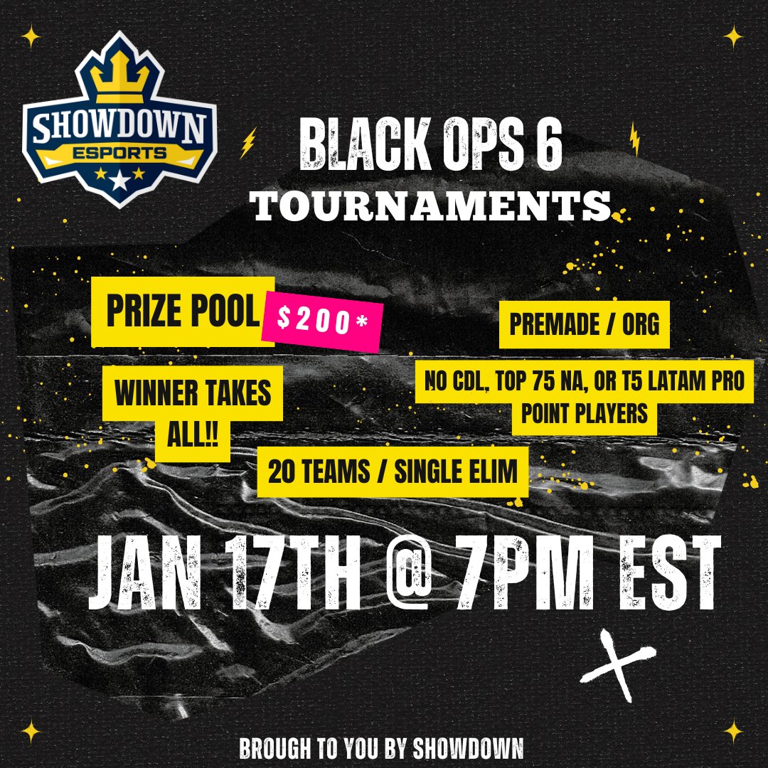 ShowdownOrg's tweet photo. **__🚨BO6 Tournament #1🚨__**
💰 $200* Prize Pool
🎫 Free Entry
🆚 20 Teams
❌ No CDL, top 75 NA, or T5 LATAM Pro Point Players
📅 Starts Jan. 17 @ 7pm est

Join Showdown DC to enter and follow the prompts for Showdown Premade League! 

Join here -> https://t.co/XIlHChwZNz https://t.co/bHkMOPppRV