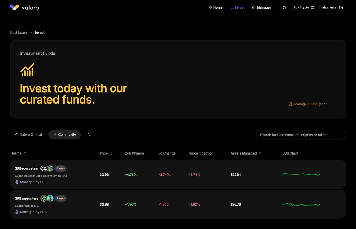 Valoro (@valorofund) on Twitter photo 🚀 Exciting updates to our Invest page!
valoro.fund/invest
You can now explore and invest in community-managed funds 🎉
Currently, we’re testing this feature with the SuperRareBears (<a href="/SuperRare_Bears/">SRB LABS 🧪🐻</a>) team and their custom funds.
These funds are tailored for the SRB 🚀 Exciting updates to our Invest page!
valoro.fund/invest
You can now explore and invest in community-managed funds 🎉
Currently, we’re testing this feature with the SuperRareBears (<a href="/SuperRare_Bears/">SRB LABS 🧪🐻</a>) team and their custom funds.
These funds are tailored for the SRB