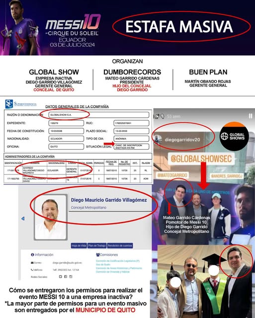 Goleados por el Concejal. Más de 500 personas exigen la devolución del dinero que pagaron hace un año por el show del Circo del Sol con el espectáculo Messi 10, que fue cancelado, en #Quito. Vinculan a las empresas organizadoras con el concejal capitalino Diego Garrido y su hijo