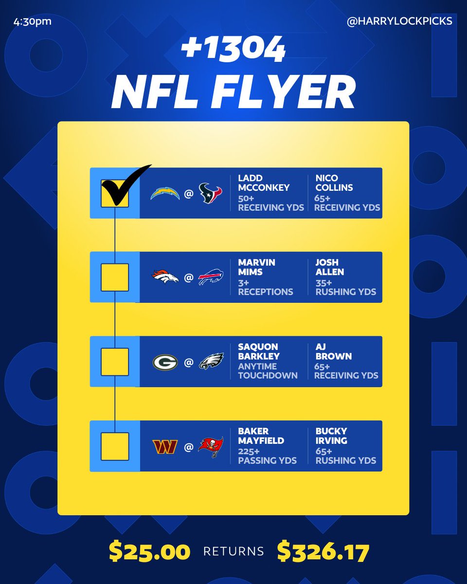🥳 LET'S GOOOOOOOOOOOOOO!!!!

✅ Nico Collins
✅ Ladd McConkey

One step down, the flyer moves onto tomorrow!

And we needed just one half...