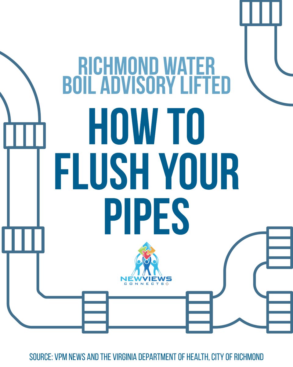 NewviewsConnect's tweet photo. The boil advisory has been lifted for the city of Richmond, Goochland, Hanover, and Henrico💧

Virginia department of health, city of Richmond advises residents to flush their pipes for a minimum of ten minutes.

Swipe to see tips on flushing pipes and other water safety tricks! https://t.co/8ruPnBV08f