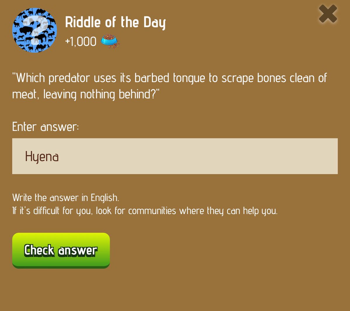 tokiaesthetic's tweet photo. #Zoo Riddle of the Day 12 January 📆
👉PLAY:https://t.co/nco35q7oho
✅Answer: Hyena
👉Join our TG: https://t.co/JhEJnoDGtZ
#zooriddle #zooanswer #riddleoftheday #zooriddleanswer https://t.co/zx2qHw3a79