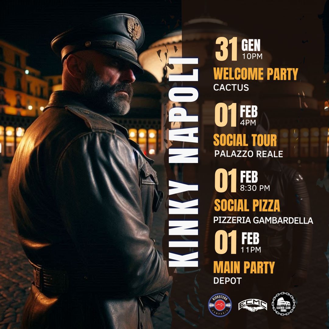 LeatherClubRoma's tweet photo. Dal 31 gennaio al 1° febbraio, Napoli si trasforma nella capitale del fetish! 🎉 Cultura, convivialità e nightlife ti aspettano con Welcome Party, Social Tour, Social Pizza e il grande Main Party!
#KinkyNapoli #FetishEvents #LeatherCommunity https://t.co/8d4QOZ8Nb1