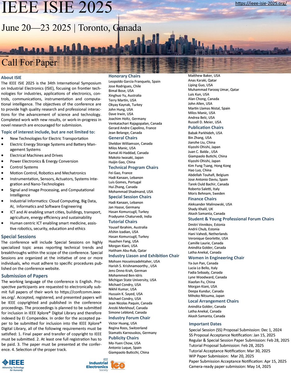 Exciting News: IEEE ISIE 2025 is coming to Toronto, Canada, June 20-23, 2025!

We invite colleagues from around the globe to actively contribute to ISIE 2025 by submitting:

✅ Research Papers
✅ Special Session Proposals
✅ Tutorial Proposals

See: ieee-isie-2025.org