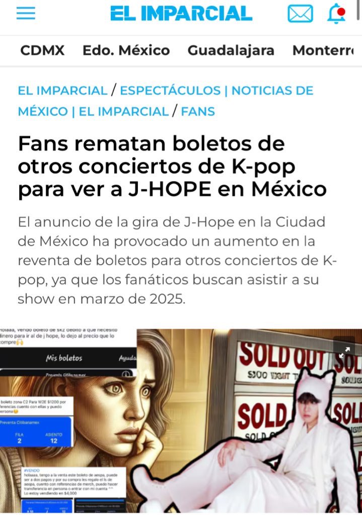 btschartsxdaily's tweet photo. [MEDIA] The announcement of #Jhope’s Mexico City tour has sparked a surge in ticket resales for other K-pop concerts as fans look to attend J-hope show in March 2025🇲🇽

Mexican fans, eager to attend J-Hope’s long-awaited concert, have begun selling or auctioning off their tickets for other events, seeking to get tickets for the performance of this famous South Korean rapper.
