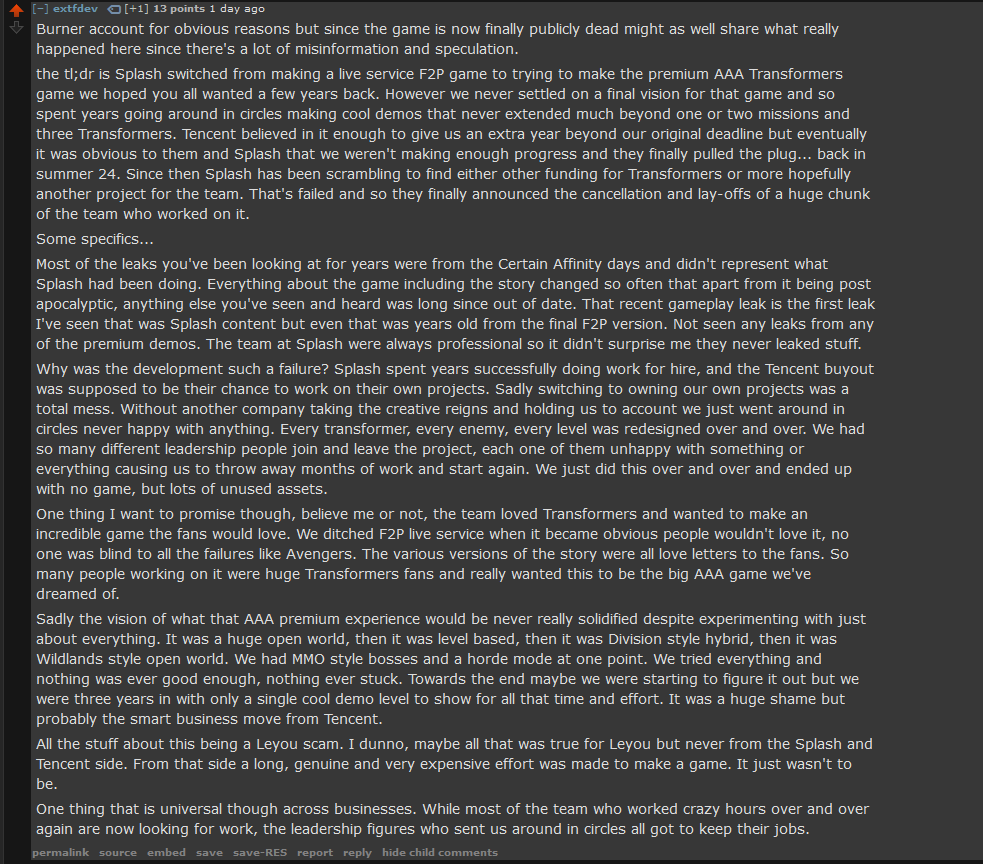 TFRArchive's tweet photo. Okay. I can corroborate the game going premium from other interviews and info I've gathered so far. I am inclined to believe this is real. So if you want a basic sum up of what happened, here you go.

The game was not F2P slop anymore, it was going to be a real game. We all lost. https://t.co/ELB8SBT8yf