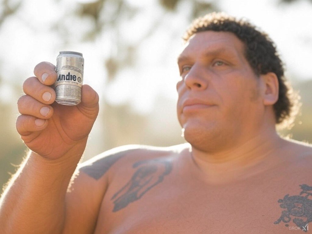OrneryVarmint's tweet image. I mean #grok killed this one! Was trying to reproduce the famous Andre holding the can of #molson pic but this was too good not to share! #wwe #andrethegiant #beer