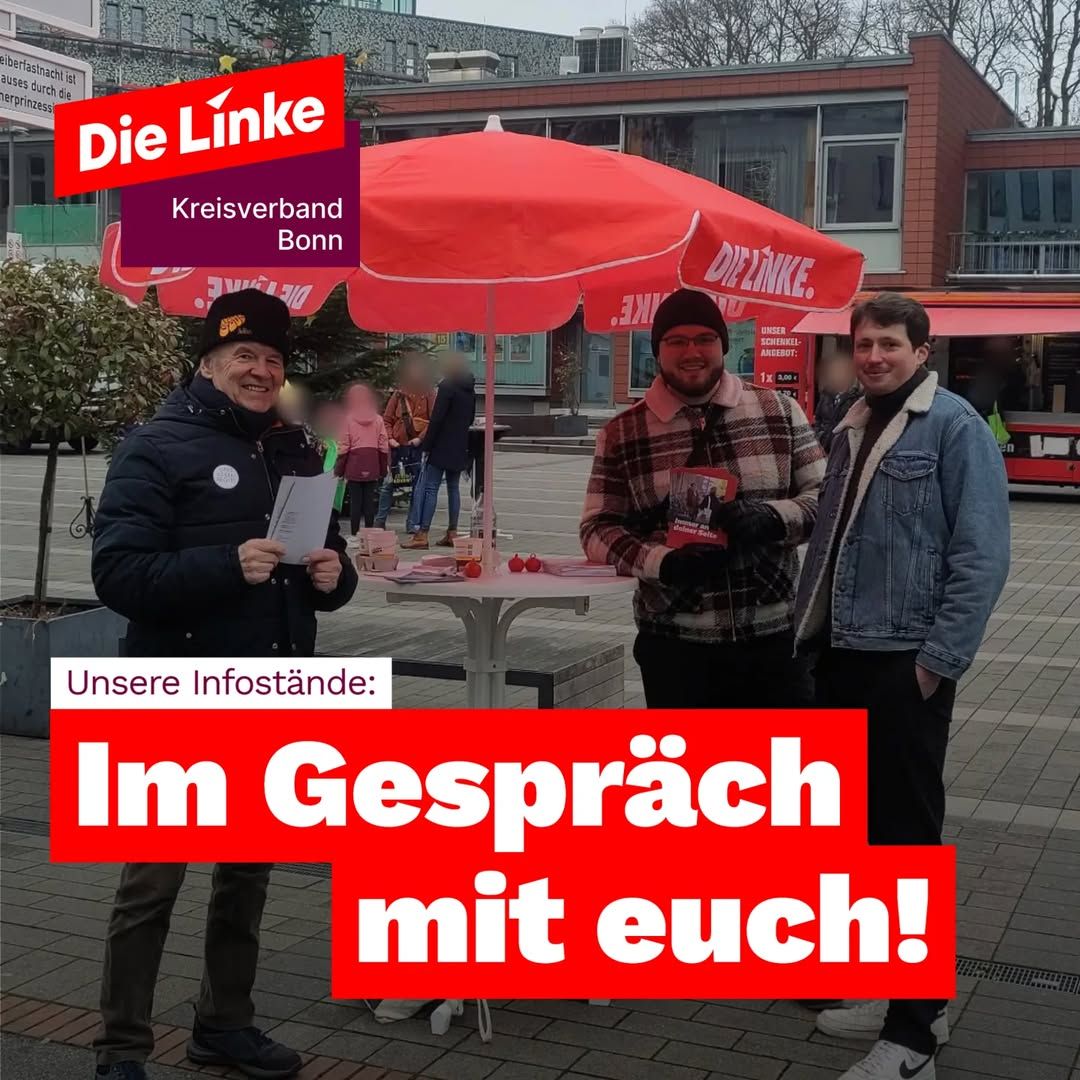 Zum Jahresauftakt waren wir letzten Samstag, 
4. Januar 2025, am Beueler Rathausplatz! 

Du hast Lust, uns auch mal live an einem Infostand zu treffen? Schau regelmäßig in unsere Story und unseren Feed – dort verraten wir, wann und wo du uns findest. Wir freuen uns auf dich!