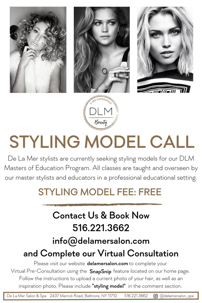 Gabsterx3's tweet photo. ✂️ 🎨 💇🏼‍♀️ HAIR MODELS  NEEDED💇🏼‍♀️ 🎨 ✂️
I’m Gaby, a licensed hair pro with 7 years experience!  Now I’m expanding my portfolio in the mastery program at De La Mer Salon in Bellmore. I am seeking models for hair color, cut and styling services! +
*Appointment required. https://t.co/Z134JL1SAX