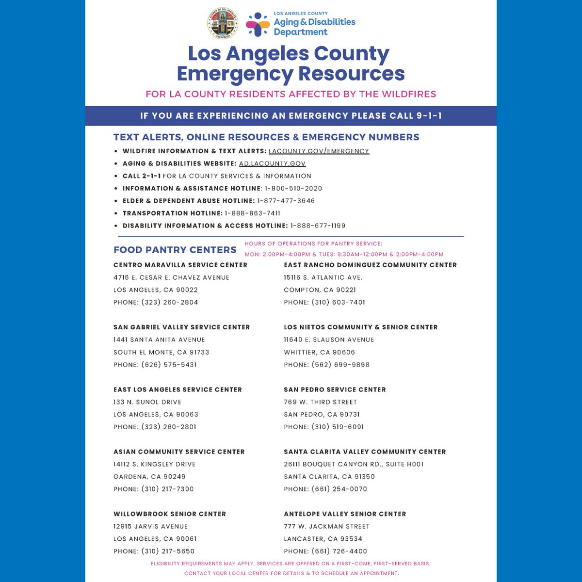 211LACounty's tweet photo. The @lacountywdacs has created a Wildfire Resource Flyer and resource list to support older adults & people with disabilities. Now available in multiple languages. Please share to help spread the word! ๐
#LAStrong #211LA #WildfireSeason #LAFires #FireSafety #WildfireResources https://t.co/FLNCdCvM6S