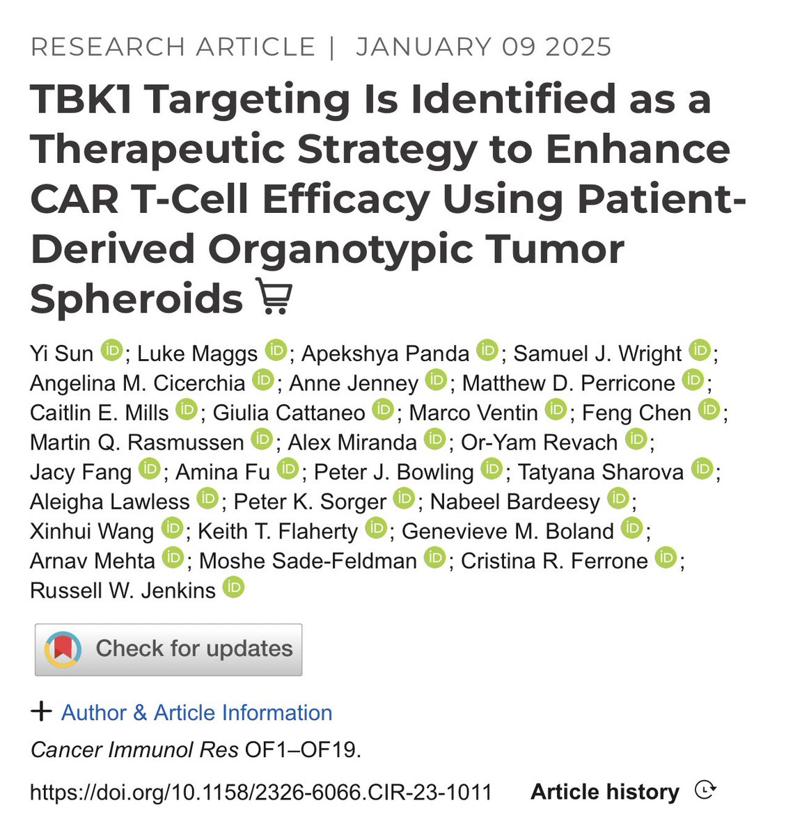 Exciting to share our last collaborative effort <a href="/CIR_AACR/">Cancer Immunology Research</a> by Sun and Maggs et al. TBK1 Targeting Is Identified as a Therapeutic Strategy to Enhance CAR T-Cell Efficacy Using Patient-Derived Organotypic Tumor Spheroids <a href="/DeptSurgeryCS/">Department of Surgery at Cedars-Sinai</a> <a href="/MGHCancerCenter/">Mass General Cancer Center</a> 
aacrjournals.org/cancerimmunolr…