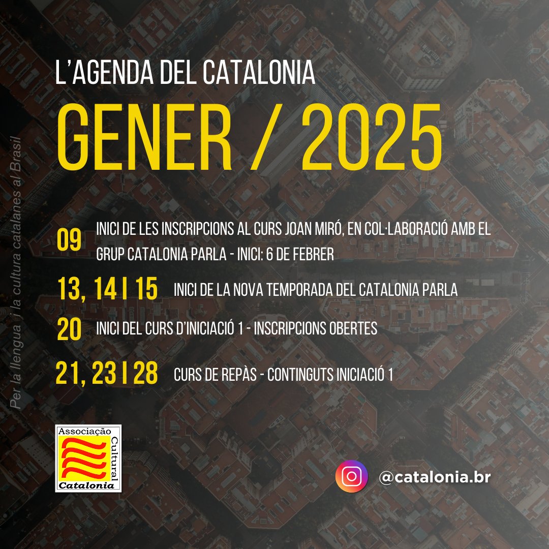 📆 Aquestes són les activitats que el Catalonia durà a terme durant el mes de gener.

👏 Vine a fer un d'aquests cursos! Som-hi! Escriu "En vull!" en la secció dels comentaris, i ens posarem en contacte amb tu.

#Catalunya #JoanMiró #Miró #ArtCatalana #Catalunha #llenguacatalana