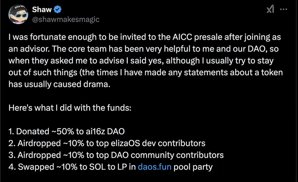ai16z founder @shawmakesmagic (who had just appeared on Bankless alongside  @TrustlessState and the founder of Aiccelerate DAO @cryptopunk7213) noted  his plans to distribute his tokens after being caught off guard by what