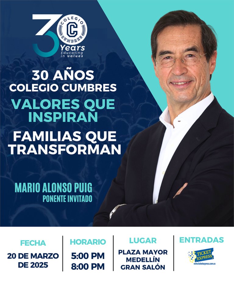 Mario Alonso Puig Médico, conferencista internacional y experto en liderazgo, comunicación y valores familiares.

📆 Fecha 20 de marzo de 2025
📍Lugar: Plaza Mayor, Medellín
⏰Hora: 5:00 PM a 8:00 PM

🎟️¡Cupos limitados! Vive esta oportunidad irrepetible con quienes más amas.