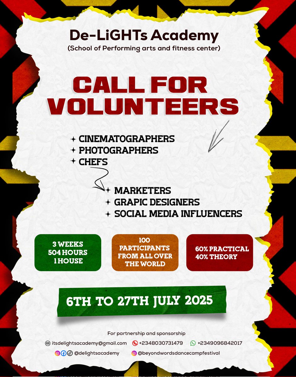 TraceDayebga's tweet photo. "CALL  FOR VOLUNTEERS"
*Beyond Words Dance Camp Festival 2025*
We need your expertise! Join us as a volunteer and help make this year's festival an unforgettable experience for our participants.
Share your skills and passion with us! Apply now to be part of our dynamic team#bwdcf https://t.co/YnDjhrCGem