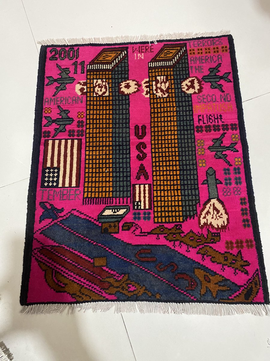 Pink 911 Afghan War Rug. 
Hand knotted with natural wool.
Size: Reg 3x2 feet.
Price: 150$ shipped.