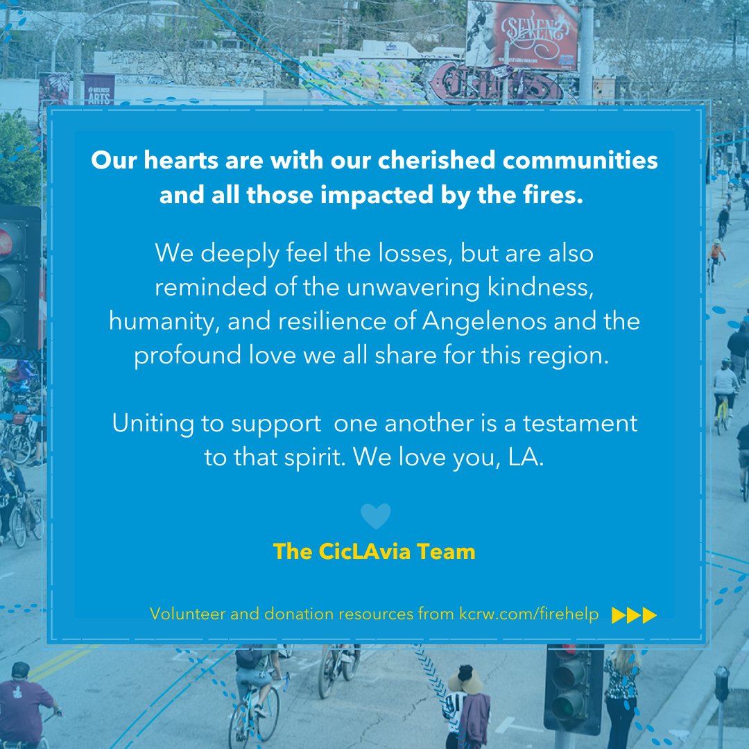 CicLAvia's tweet image. Our hearts are with our cherished communities and all those impacted by the fires. 

Visit KCRW.com/firehelp for @kcrw fire resources

#lastrong #firehelp #volunteer #socal #losangeles #lafires #volunteerlafires