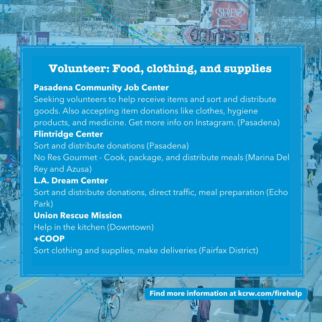 CicLAvia's tweet image. Our hearts are with our cherished communities and all those impacted by the fires. 

Visit KCRW.com/firehelp for @kcrw fire resources

#lastrong #firehelp #volunteer #socal #losangeles #lafires #volunteerlafires
