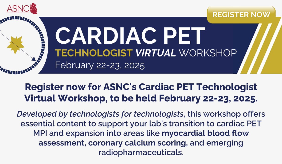 MyASNC's tweet photo. Calling all Technologists! Join us for ASNC's Cardiac PET Technologist Virtual Workshop on Feb 22-23!
💥13 expert faculty
💥Developed by technologists for technologists
💥10.5* CE credits
Register now👉 https://t.co/JwwWxpm2Cg
#Cardiology #ThinkPET #CNMT https://t.co/bwbNGOEVCL