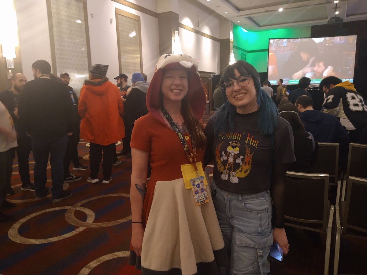 Got out of the Crazy Taxi mosh pit and immediately ran into the person who made my fuecoco dress several years ago 😭 #agdq2025 magic strikes again @kangaroomis