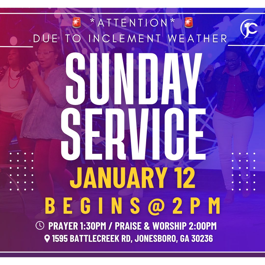 JCCinAtlanta's tweet photo. 🚨ANNOUNCEMENT: SUNDAY SERVICE BEGINS AT 2PM🚨 Stay safe, and we look forward to seeing you tomorrow!

Dress Code: Jeans &amp; T-shirts. https://t.co/EeValY0pky