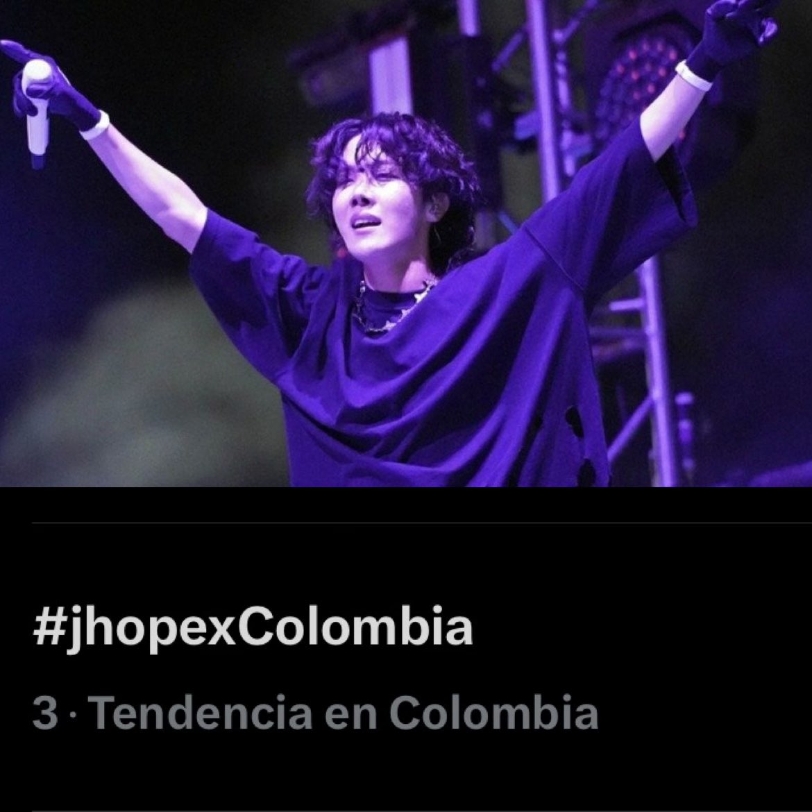 btsarmycol_'s tweet photo. ¡Hemos ingresado al Top 3 de tendencias de Colombia con #jhopexColombia ! 🇨🇴🥹🔥

Sigamos compartiendo nuestros pensamientos y nuestras cartas de amor a Hobi usando el HT y etiquetando a las promotoras y empresarios 💪💜

@OcesaColombia @paramo_presenta @LiveNation @hybe_latam @bts_bighit @TOORLY @moveconcertsco @Flora__Music